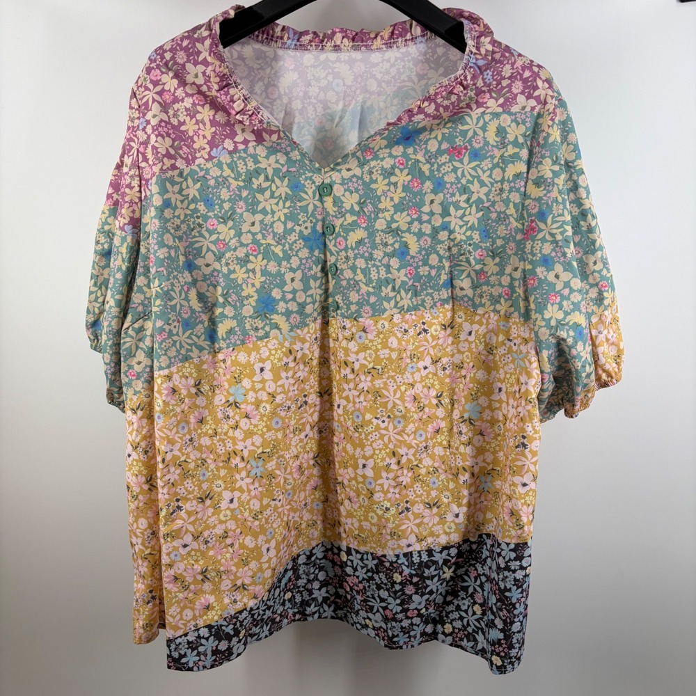 Whimsical Boho Floral Patchwork Top Fairycore Prairie Colorblock Pastel Top 2XL